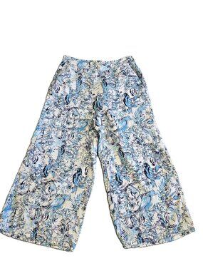 TAHARI 100% Linen Bird and Floral Print Blue, White Wide Leg Crop Pants Large
